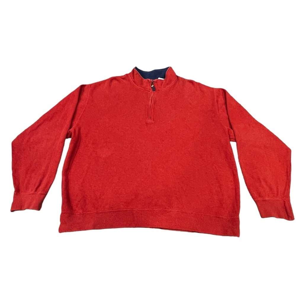 Men’s Orvis Quarter Zip Pullover Sweater Size XL Burnt Orange Navy Blue Cotton